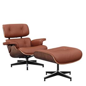 Living Room Lounge Chair Arm Chair Swivel Single Sofa Seat With Ottoman Genuine Leather Standard Version (Color: tan leather walnut frame)