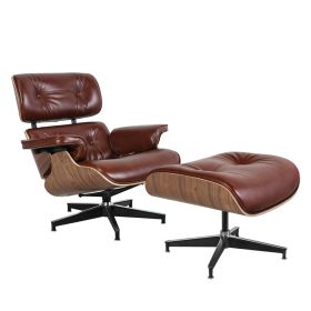 Living Room Lounge Chair Arm Chair Swivel Single Sofa Seat With Ottoman Genuine Leather Standard Version (Color: retro brown PRO leather walnut frame)